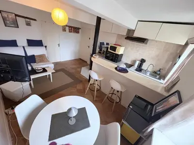 a small apartment with a kitchen and a living room at Studio confortable en plein centre proche gare & commerces in Villefranche-de-Lauragais