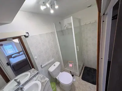 a bathroom with a toilet and a sink and a shower at Studio confortable en plein centre proche gare & commerces in Villefranche-de-Lauragais