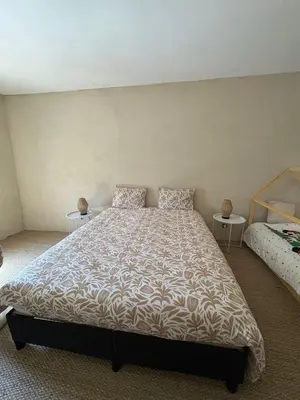 a bedroom with a large bed and two tables at La petite Chaumière in Bouilhonnac