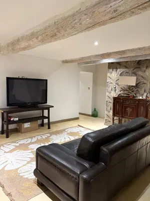 a living room with a leather couch and a flat screen tv at La petite Chaumière in Bouilhonnac