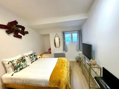 a bedroom with a bed and a flat screen tv at Charmant deux pièces en plein centre-ville de NARBONNE in Narbonne