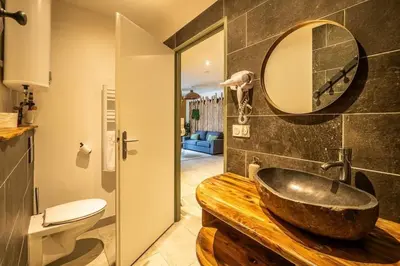 a bathroom with a sink and a mirror at Chez le Golfeur - Cœur & Vignes in Carcassonne