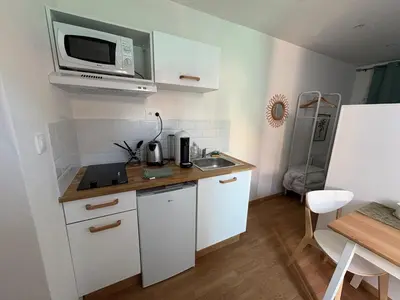 a small kitchen with a sink and a microwave at Charles de Gaulle lll - Independent Garden in Castres