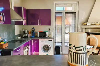 a kitchen with purple cabinets and a washing machine at Gîte Le Mississipi in Narbonne