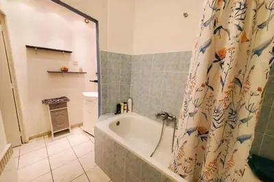 a bathroom with a tub and a shower curtain at L'Occitane Maison de village climatisée in Lapalme