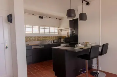 a kitchen with black cabinets and a black counter top at La Perle de la Mer in Port-la-Nouvelle
