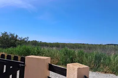 a wooden fence next to a field of grass at L'Escapade ensoleillée - Pavillon pour 4 in Port-la-Nouvelle