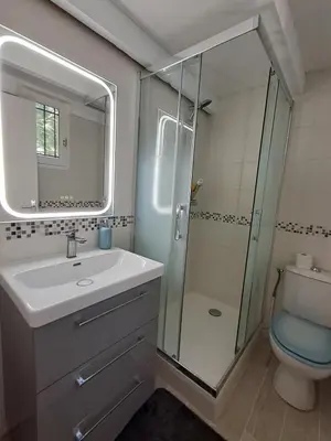 a bathroom with a shower and a sink and a toilet at L'Escapade ensoleillée - Pavillon pour 4 in Port-la-Nouvelle
