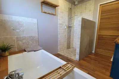 a bathroom with a bath tub and a shower at Villa Famara in Montredon