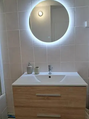 a bathroom with a white sink and a mirror at L'Olympe - Appartement cosy à 2 pas des Halles in Narbonne