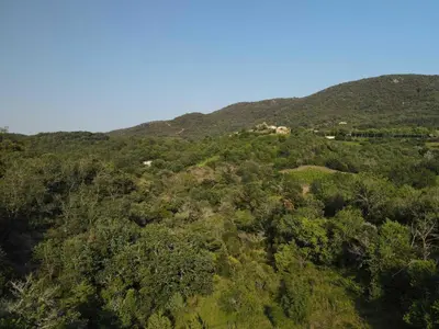 an overhead view of a mountain with trees and houses at La maison du merle bleu in Quintillan