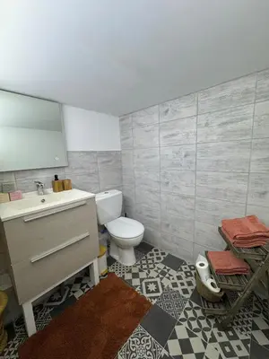 a bathroom with a toilet and a sink and a mirror at Un duplex pas comme les autres in Carcassonne