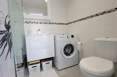 a bathroom with a washing machine and a toilet at Lo Cabanot maison de pêcheur pour 4 in Port-la-Nouvelle