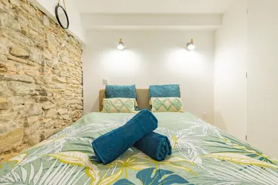 a bedroom with a bed with blue pillows on it at Le Gite Vegetal Cite Wifi Machine a laver 2 personnes in Carcassonne