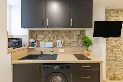 a kitchen with a sink and a washing machine at Le Gite Vegetal Cite Wifi Machine a laver 2 personnes in Carcassonne