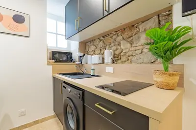 a kitchen with a sink and a dishwasher at Le Gite Vegetal Cite Wifi Machine a laver 2 personnes in Carcassonne