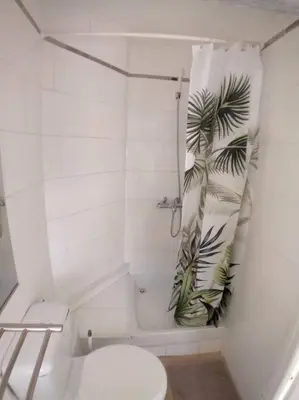 a bathroom with a toilet and a shower curtain at Studio Corneille -Climatisation WIFI Vue in Narbonne