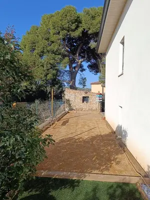a driveway with a large tree in the background at Studio terrasse au calme près de Narbonne in Montredon