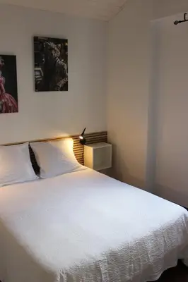 a bedroom with a large white bed with a lamp at La petite maison in Cuxac-Cabardès