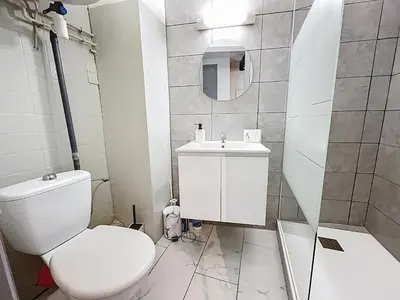 a white bathroom with a toilet and a sink at Le Baudinet - Studio - Centre Ville - Rez-de-Chaussée in Narbonne