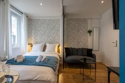 a hotel room with a bed and a couch at L'indigo - Studio Apaisant et Lumineux, Hyper centre in Castres