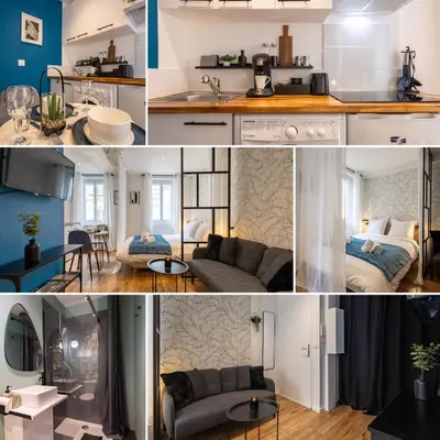 a collage of photos of a kitchen and a living room at L'indigo - Studio Apaisant et Lumineux, Hyper centre in Castres