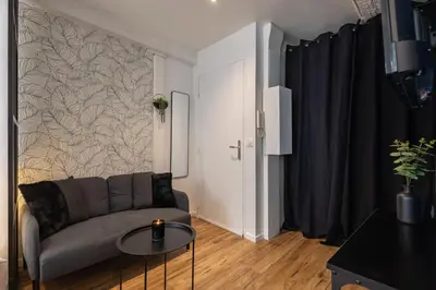 a living room with a couch and a wall at L'indigo - Studio Apaisant et Lumineux, Hyper centre in Castres