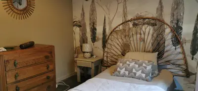 a bedroom with a bed and a dresser and a mirror at la chambre gourmande, en Richard in Auriac-sur-Vendinelle