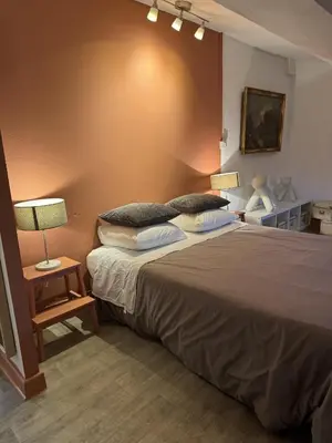 a bedroom with a large bed with two lamps on it at Maison Bacou cité 2 in Carcassonne