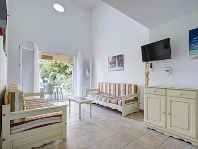 a living room with a couch and a tv at P Minervois U N04 VILLA 3P6 in Homps