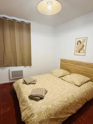 a bedroom with a bed with two pillows on it at La coloc' l 3 Chambres avec salle de bain & TV in Castres