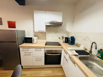 a small kitchen with a sink and a refrigerator at La coloc' l 3 Chambres avec salle de bain & TV in Castres