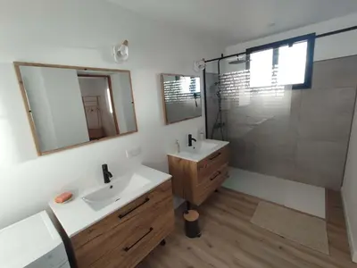 a bathroom with a white sink and a shower at Appart spacieux, cosy clim aux portes de Carcassonne in Pennautier