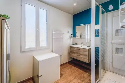 a bathroom with a shower and a sink and a mirror at La douce echappee in Trèbes