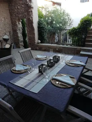 a plant in a wicker chair next to a building at La maison de la fontaine in Villeneuve-Minervois
