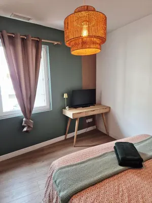 a bedroom with a bed and a desk with a television at Appartement l'Atelier Cosy in Narbonne