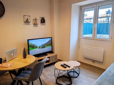 a living room with a table and a television at Le Cocon de Pezens - Studio au centre du village in Pezens