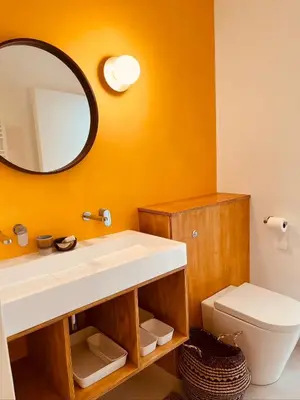 a bathroom with a sink and a mirror and a toilet at Plein Soleil in Félines-Minervois