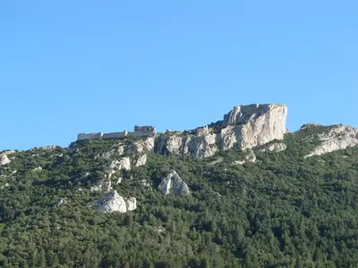 a mountain with trees and a blue sky at Gite La Grange, climatisée, vue sur le château de Peyrepertuse in Rouffiac-des-Corbières