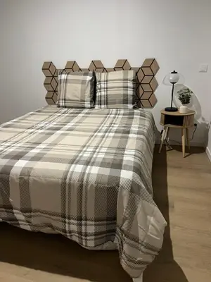 a bed with a checkered blanket and pillows at Le Loft du Canal du midi & son garage Vélos-Capestang in Capestang