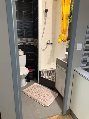 a bathroom with a shower and a toilet and a sink at Appartement détente dans les corbières in Conilhac-Corbières