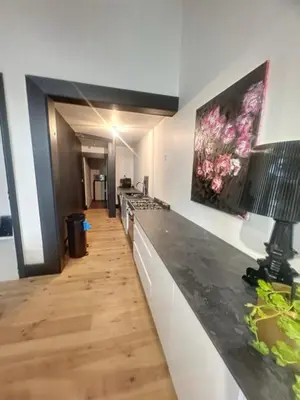 a kitchen with a counter top and a painting on the wall at Day rental for Family Reunion, Anniv in Mazères