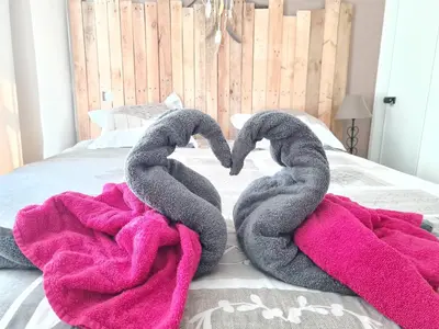 two gray and pink towels on a bed at La parenthèse Carcassonnaise - 4 voyageurs - Terrasse - Proche cité médiévale in Carcassonne