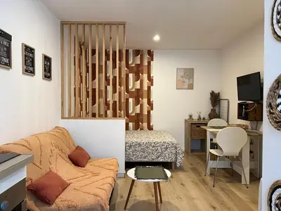 a living room with a couch and a bed at Charmant Studio Narbonnais in La Celle-sous-Gouzon
