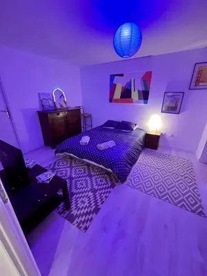 a purple room with a bed and a lamp at Loft jacuzzi à 8 min des Grands Buffets et du centre-ville in Narbonne