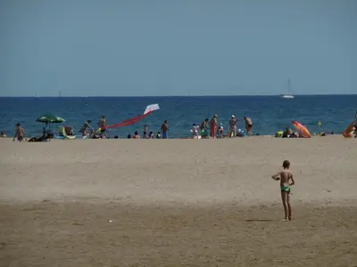 a boy standing on a beach flying a kite at Studio à 50m de la Plage du Grazel avec Parking - FR-1-796-104 in Gruissan