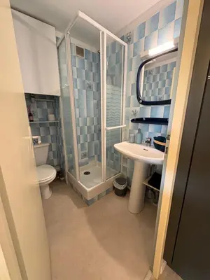 a bathroom with a shower and a toilet and a sink at Le Petit Grazel in Gruissan