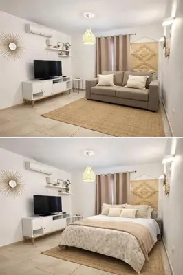 a living room with a bed and a tv at Charmant T2 - à 5 min de la Cité Médiévale in Carcassonne