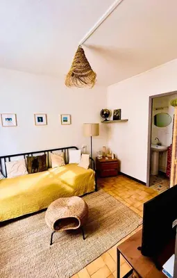 a bedroom with a large bed and a rug at Studio à 5 min des halls in Narbonne