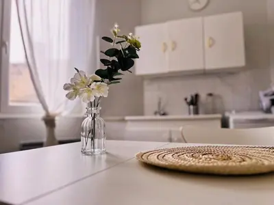 a vase of flowers on a table in a kitchen at Studio à 5 min des halls in Narbonne